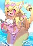 anthro beach bikini blonde_hair blush breasts cleavage clothed clothing eyewear female female_anthro fur hair happy heart_symbol kemono long_hair one_eye_closed open_mouth open_smile outside partially_submerged pink_eyes sea seaside smile solo sunglasses swimwear tail two-piece_swimsuit water white_body white_fur wink yellow_body yellow_fur theta_k23 domestic_cat felid feline felis mammal 2022 digital_media_(artwork) hi_res portrait three-quarter_portrait