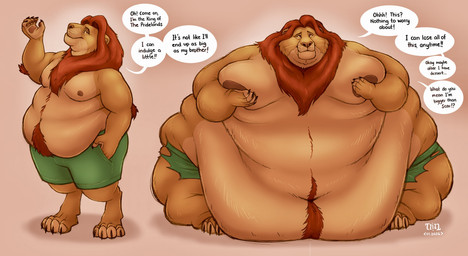 anthro areola bottomwear boxers_(clothing) claws clothing dialogue fur holding_moob immobile male mane moobs morbidly_obese morbidly_obese_anthro morbidly_obese_male nipples obese obese_anthro obese_male overweight overweight_anthro overweight_male paws saggy_belly shorts sitting solo speech_bubble standing text torn_bottomwear torn_clothing torn_shorts underwear weight_gain whiskers dragontzin disney the_lion_king mufasa felid lion mammal pantherine 2026 english_text hi_res signature