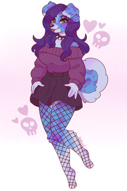 3_toes 4_fingers anthro arm_tuft bangs bent_leg black_bottomwear black_clothing black_collar black_nose black_skirt blue_eyebrows blue_hair blue_tail bottomwear breasts clothed clothed_anthro clothed_female clothing collar eyebrows feet female female_anthro fingers fishnet_clothing fishnet_leggings fishnet_legwear floppy_ears fluffy fluffy_tail fully_clothed fully_clothed_anthro fully_clothed_female fur green_eyes grey_body grey_ear_tips grey_fur hair heart_symbol leggings legwear light long_hair multicolored_tail purple_background purple_clothing purple_sweater purple_topwear red_tongue shoulder_tuft simple_background skirt skull_symbol solo spiked_collar spikes sweater tail text toes tongue topwear tuft suzeart nova_(madgirlswitch) australian_shepherd canid canine canis domestic_dog herding_dog mammal pastoral_dog sheepdog 2025 2:3 artist_name colored digital_drawing_(artwork) digital_media_(artwork) english_description full-length_portrait hi_res lighting portrait shaded