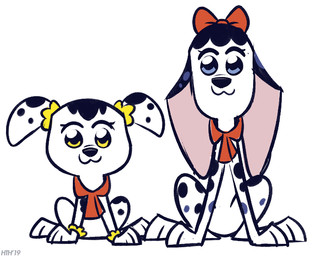 accessory alternate_species black_body black_ears black_fur black_nose black_spots blue_eyes blue_spots bow_ribbon duo female feral fur hair_accessory hair_ribbon kerchief markings neckerchief neckwear pink_inner_ear ponytail_ears red_bow_ribbon red_kerchief red_neckerchief ribbons size_difference spots spotted_body spotted_fur toony yellow_eyes yellow_ribbon higglytownhero 101_dalmatian_street 101_dalmatians disney pop_team_epic pipimi popuko canid canine canis dalmatian domestic_dog mammal