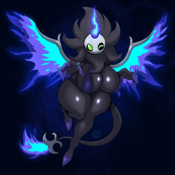 anthro black_body breasts clothing female front_view looking_at_viewer one_eye_closed simple_background solo tail wings wink conditional_dnp suirano palworld pocketpair maraith pal_(species) 1:1 2026 digital_media_(artwork) hi_res
