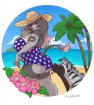 anthro beach big_breasts black_sclera breasts butt clothing clothing_pull cloud curvy_figure detailed_background duo ear_piercing female feral gauged_ear hat headgear headwear looking_back outside piercing sand seaside sky slightly_chubby solo_focus standing swimwear voluptuous chewycuticle kaizeh knoah asinus donkey equid equine hyena mammal striped_hyena digital_media_(artwork) hi_res shaded