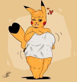 3_toes anthro bangs big_breasts black_nose blonde_hair bodily_fluids bottomless breasts brown_eyes cleft_tail clothed clothing feet female fingers fur hair heart_symbol heart_tail markings one_eye_closed open_mouth open_smile pokemorph short slightly_chubby slightly_chubby_anthro slightly_chubby_female smile solo sweat tail tail_markings thick_thighs toes towel water wink yellow_body yellow_fur ghost_drawings nintendo pokemon cosplay_pikachu_(character) kanna_(joaoppereiraus) generation_1_pokemon pikachu pokemon_(species) 2023 hi_res
