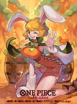 5_fingers anthro big_breasts blonde_hair bow_tie breasts cape carrot clothing crouching female fingers food fur green_cape green_clothing hair looking_at_viewer one_eye_closed open_mouth orange_clothing plant slim small_waist smile solo vegetable white_body white_fur wink winking_at_viewer wolftapioca one_piece carrot_(one_piece) lagomorph leporid mammal minkmen_(one_piece) rabbit 2024 hi_res official_art