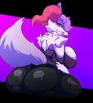 anthro big_butt breasts butt butt_focus clothing female fishnet_clothing fur inner_ear_fluff looking_back purple_body purple_fur red_eyes solo tail tuft white_body white_fur stormkinght nintendo pokemon braixen canid canine generation_6_pokemon mammal pokemon_(species) shiny_pokemon hi_res