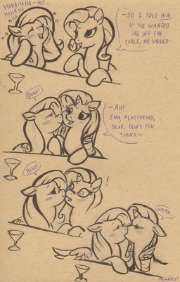 blush dialogue drunk duo exclamation_point feathered_wings feathers female female/female feral horn kissing laugh romantic romantic_couple substance_intoxication text wings mimblex friendship_is_magic hasbro my_little_pony mythology fluttershy_(mlp) rarity_(mlp) equid equine mammal mythological_creature mythological_equine pegasus unicorn comic english_text monochrome signature unavailable_at_source