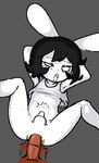 abdominal_bulge ahegao anal anal_penetration anthro black_hair bodily_fluids bottomless clothed clothing disembodied_penis duo femboy genitals hair hands_behind_head looking_pleasured lying male male/male motion_lines on_back open_mouth penetration penis shirt shirt_only simple_background solo_focus tank_top tears tongue tongue_out topwear topwear_only white_clothing white_shirt white_tank_top white_topwear young young_male pongpongrun lagomorph leporid mammal rabbit low_res