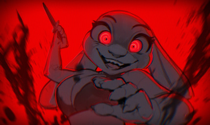 alternate_universe anthro blood blood_splatter bodily_fluids bra breasts claws cleavage clothed clothing creepy creepy_face creepy_smile ears_down evil_face evil_grin female finger_claws first_person_view fur glowing glowing_eyes grey_body grey_fur holding_knife holding_object holding_weapon horror_(theme) killing knife looking_at_viewer open_mouth open_smile pivoted_ears raised_arm red_background red_eyes scary sharp_teeth simple_background smile solo stab stabbing_viewer standing teeth underwear violence weapon yandere redic-nomad disney the_hundred_line:_last_defense_academy zootopia judy_hopps lagomorph leporid mammal rabbit 2025 hi_res