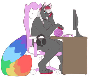 anthro ball_of_yarn chair closed_smile computer_keyboard ear_piercing ear_ring electronics featureless_crotch female female_anthro fur furniture grey_body grey_fur hair markings monitor mouth_closed multicolored_tail nude on_chair pawpads piercing pink_nose rainbow_tail red_hair red_pawpads ring_piercing simple_background sitting smile solo striped_markings striped_tail stripes tail tail_markings teal_eyes white_background white_hair yarn hardscales domestic_cat felid feline felis mammal hi_res