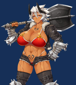 armor athletic axe battle_axe belly_tattoo big_breasts bikini bottomwear bracers breasts brown_body brown_eyes brown_skin cleavage clothed clothing dark_body dark_skin denim denim_bottomwear denim_clothing denim_shorts double_bitted_axe fantasy_weapon female fingerless_gloves gauntlets gloves hair hand_on_hip handwear highleg horn hotpants huge_breasts jacket looking_at_viewer melee_weapon monster_girl_(genre) muscular muscular_female navel not_furry open_bottomwear open_clothing open_shorts pubic_tattoo purple_eyes purple_hair scar short_hair shorts simple_background solo spiked_armor spikes swimwear swimwear_under_clothing tattoo thick_thighs thong topwear transparent_background two-piece_swimsuit underwear weapon white_hair womb_tattoo wraps denki_shougun denkishowgun asian_mythology buta_no_gotoki east_asian_mythology japanese_mythology mythology helga_(buta_no_gotoki) demon demon_humanoid horned_humanoid humanoid oni yokai alpha_channel hi_res