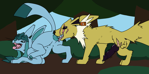 amputated_leg amputee animal_genitalia animal_penis animal_vulva anus balls barbed_canine_penis black_eyes blue_body blue_eyes blue_fur canine_genitalia canine_penis canine_vulva cut_ear disability duo feet female feral fur genitals hybrid_genitalia hybrid_penis knot knotted_penis male male/female mane multi_nipple nipples paws penile_spines penis purple_penis raised_tail scar sharp_teeth soles tail teeth vulva white_body white_fur yellow_body yellow_fur pencilsdgr nintendo pokemon canid canine eeveelution generation_1_pokemon generation_4_pokemon glaceon jolteon mammal pokemon_(species) 2:1 hi_res