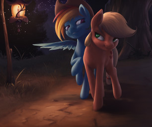 bedroom_eyes blonde_hair clothing cowboy_hat cutie_mark duo female feral freckles hair half-closed_eyes hat headgear headwear lamp lantern multicolored_hair narrowed_eyes night rainbow_hair seductive star wings starblaze25 friendship_is_magic hasbro my_little_pony mythology applejack_(mlp) rainbow_dash_(mlp) equid equine horse mammal mythological_creature mythological_equine pegasus pony hi_res
