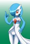 2018 alternate_version_at_source blue_hair blush breasts clothed clothing female gardevoir generation_3_pokemon genitals gradient_background hair hair_over_eye hi_res nei_chi nintendo nipples one_eye_obstructed open_mouth partially_clothed pokemon pokemon_(species) pussy red_eyes shiny_pokemon simple_background solo standing tongue tongue_out white_body white_skin