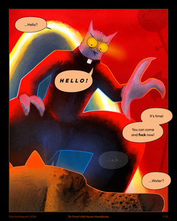 3_fingers anthro black_border border burnt crouching dialogue duo eyes_closed fingers looking_down looking_down_at_another male orange_eyes portal priest priest_robes profanity red_sky signpost sky speech_bubble spikes spikes_(anatomy) text sharkinthepark rowel_(sharkinthepark) avian bird canid canine fox mammal owl 2026 4:5 absurd_res comic english_text hi_res