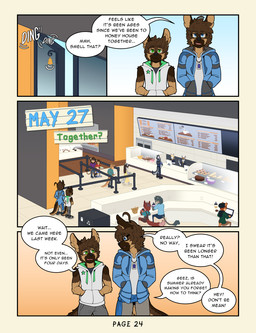 adolescent anthro athletic bakery cafe clothed clothed_anthro clothing dialogue eyebrow_through_hair eyebrows eyewear fully_clothed fully_clothed_anthro glasses hair male muscular muscular_young sound_effects text translucent translucent_hair uniform young frostedchase chase_(frostedchase) max_(frostedchase) canid canine canis domestic_cat domestic_dog felid feline felis fox german_shepherd herding_dog lion mammal mustelid otter pantherine pastoral_dog tabby_cat true_fox wolf comic english_text hi_res brother_(lore) brothers_(lore) sibling_(lore)