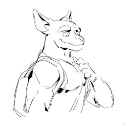 anthro backpack closed_smile clothed clothed_anthro clothed_male clothing empty_eyes eyebrows front_view looking_aside male mouth_closed pointy_ears pose shirt simple_background smile snout solo thick_eyebrows topwear white_background kingarthur_i canid mammal 2024 black_and_white digital_drawing_(artwork) digital_media_(artwork) half-length_portrait line_art monochrome portrait