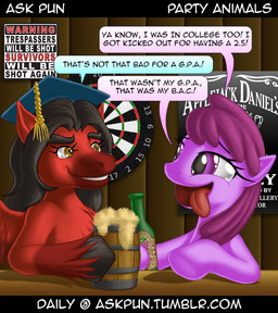 alcohol beverage cider drunk duo female feral food humor joke rockin_roolo substance_intoxication text unknown_artist ask_pun friendship_is_magic hasbro my_little_pony tumblr berry_punch_(mlp) earth_pony equid equine horse mammal pony english_text url