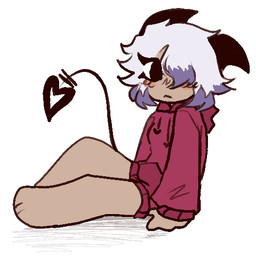 blush clothing female hair hoodie horn not_furry oversized_clothing oversized_hoodie oversized_topwear simple_background simple_face sitting topwear white_background vedacia horned_humanoid humanoid succubus aliasing colored digital_media_(artwork)