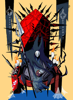 2_horns 6_eyes ambiguous_gender anthro black_eyes candle chair duo eyelashes furniture holding_melee_weapon holding_object holding_weapon hood horn mask melee_weapon multi_eye sitting spider_web throne weapon osakana2gou hollow_knight team_cherry herrah_(hollow_knight) hornet_(hollow_knight) arachnid arthropod weaver_(hollow_knight) hi_res daughter_(lore) mother_(lore) mother_and_child_(lore) mother_and_daughter_(lore) parent_(lore) parent_and_child_(lore) parent_and_daughter_(lore)