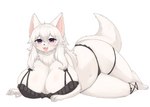 anthro big_breasts blush breasts chest_tuft claws cleavage clothed clothing cute_fangs fangs feet female female_anthro fluffy fur hair huge_breasts kemono lingerie looking_at_viewer lying on_front open_mouth paws purple_eyes simple_background solo tail teeth toe_claws toes tongue tuft underwear white_background white_body white_fur white_hair inake cattleya_mari canid canine canis domestic_dog mammal 2022 absurd_res digital_media_(artwork) hi_res