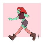 1:1 2018 amputee bigmsaxon black_sclera border bottomwear clothing disability female footwear full-length_portrait green_body green_skin hair hi_res humanoid legwear midriff missing_arm not_furry pink_background portrait red_hair running shoes shorts simple_background solo thigh_highs undead white_border worried yellow_eyes zombie