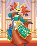 accessory anthro breasts clothed clothing feet female fur holowear_(pokemon) inner_ear_fluff looking_at_viewer multicolored_body multicolored_fur red_body red_eyes red_fur solo tuft white_body white_fur yellow_body yellow_fur fluffy_hinu nintendo pokemon pokemon_unite sacred_style_delphox delphox generation_6_pokemon pokemon_(species) 4:5 absurd_res hi_res