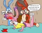 anthro bodily_fluids bottomless breasts clothed clothing cuckold cum dialogue featureless_crotch female fucked_silly genital_fluids group male male/female partially_clothed sex text jk tiny_toon_adventure tiny_toon_adventures warner_brothers babs_bunny buster_bunny montana_max lagomorph leporid mammal rabbit english_text