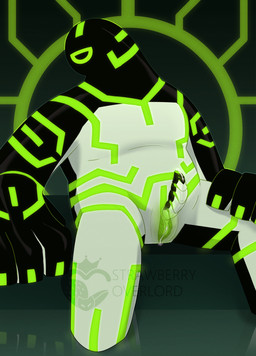 1_eye 4_fingers black_body bodily_fluids circuit_markings countershading fingers genital_fluids genitals glowing glowing_genitalia glowing_markings glowing_penis green_markings half-closed_eyes intersex looking_at_viewer maleherm markings narrowed_eyes not_furry overweight penis precum presenting presenting_penis reflection simple_background sitting solo white_body white_countershading strawberryoverlord ben_10 cartoon_network aether_(strawberryoverlord) alien galvanic_mechamorph hi_res watermark