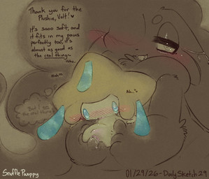 abdominal_bulge ambiguous_fingering ambiguous_gender anthro anthro_fingered anthro_fingering anthro_fingering_anthro biped blue_eyes blush circle_eyebrows dialogue duo eyebrows female female/ambiguous female_fingered fingering fluffy front_view fur genitals half-closed_eyes inner_monologue interspecies narrowed_eyes one_eye_half-closed one_eye_obstructed plantigrade size_difference smaller_female speech_bubble text thinking thought_bubble vaginal vaginal_fingering vulva snufflepwuppy nintendo pokemon ambiguous_species generation_3_pokemon jirachi legendary_pokemon mammal pokemon_(species) 2026 artist_name dated digital_drawing_(artwork) digital_media_(artwork) english_text hi_res restricted_palette