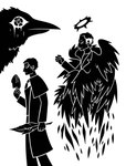 2016 5_fingers ambiguous_gender animal_humanoid avian avian_humanoid beak beak_closed biped bird bird_humanoid black_and_white bottomwear closed_beak clothed clothed_human clothed_male clothing coat digital_drawing_(artwork) digital_media_(artwork) dr._wakefield feather_tuft feathered_wings feathers feral fingers floating greying_hair group hair halo hi_res holding_feather human humanoid johan_kaufmann loose_feather male male_human mammal mask molting monochrome mouth_closed multi_wing necktie pants shirt side_view silhouette simple_background simurg_(the_last_door) spiked_halo sunnyclockwork the_last_door topwear trio tuft white_background wings