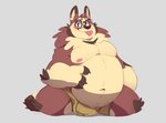 anthro belly blep blush brown_body brown_fur bulge clothing eyewear fur glasses kneeling male moobs nipples overweight overweight_anthro overweight_male pose simple_background solo tongue tongue_out underwear borkbawbaw benny_(bennycartoonist) alaskan_malamute canid canine canis domestic_dog mammal nordic_sled_dog spitz 2020 absurd_res hi_res pinup