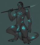 animal_genitalia balls bioluminescence black_hair blue_eyes claws genitals glowing glowing_genitalia glowing_penis glowing_spots hair half-erect holding_object holding_weapon male markings melee_weapon penis polearm sheath solo spear spikes spots tail weapon weapon_on_shoulder conditional_dnp tojo_the_thief unknown_species