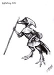 anthro bag female hood solo stick kekpafrany dungeons_and_dragons hasbro wizards_of_the_coast avian bird corvid corvus_(genus) crow kenku oscine passerine 2020 hi_res monochrome traditional_media_(artwork)