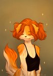 anthro blonde_hair bottomless breasts closed_smile clothed clothing curled_fur curled_hair curled_tail curvy_anthro ears_down eyes_closed female fur green_background hair half_naked mouth_closed orange_body orange_fur orange_hair orange_skin orange_tail pivoted_ears red_body red_fur red_hair shirt shirt_only short_hair simple_background smile solo t-shirt t-shirt_only tail topwear topwear_only white_body white_fur white_tail jensh_nx canid canine canis domestic_dog mammal hi_res