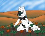 anthro armor blue_eyes breastplate claws collecting crotchplate ears_back field_background fluffy fluffy_tail fur machine male multi_eye paws pivoted_ears plant protogen_visor sky solo tail visor white_body white_fur hunamarts mammal protogen 5:4 absurd_res hi_res