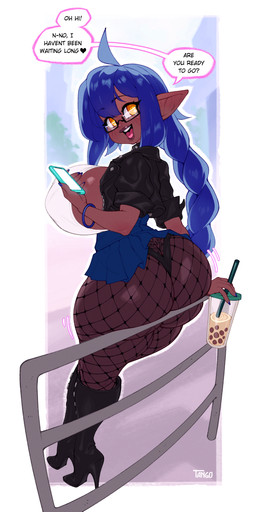 beverage big_breasts big_butt blue_hair boots bottomwear breasts bubble_tea butt clothing curvy_figure dark_body dark_skin eyewear female fishnet_clothing fishnet_legwear footwear glasses hair high_heeled_boots high_heels huge_butt humanoid_pointy_ears jacket leather leather_clothing leather_jacket leather_topwear legwear not_furry pointy_ears shoes skirt solo text topwear voluptuous voluptuous_female tangobat elena_(docbats) elf humanoid absurd_res english_text hi_res