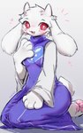 anthro blush blush_lines breasts clothing eyelashes fangs female floppy_ears fur heart_symbol kneeling looking_at_viewer open_mouth pawpads paws red_eyes simple_background solo tail teeth white_body white_fur maimoonrabbit undertale_(series) toriel boss_monster_(undertale) bovid caprine mammal 2024 hi_res signature