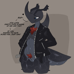 andromorph antennae_(anatomy) anthro arthropod_abdomen black_body bottomless bottomless_andromorph bottomless_anthro bottomless_intersex chest_tuft clothed clothing dialogue facial_horn flat_chested genitals hand_in_pocket horn intersex jacket leather leather_clothing leather_jacket leather_topwear narrowed_eyes nose_horn partially_clothed partially_clothed_andromorph partially_clothed_anthro partially_clothed_intersex pockets solo solo_focus topwear topwear_only tuft vulva artlegionary nox_(artlegionary) arthropod beetle insect hi_res male_(lore)