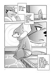 buizel clothed clothing comic dialogue digital_media_(artwork) english_text feral floatzel fur generation_4_pokemon hi_res lester_(risenpaw) looking_down male mammal monochrome ness_(risenpaw) nintendo pokemon pokemon_(species) risenpaw sad sitting swimming_pool swimwear text water