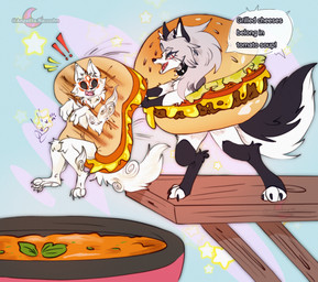 anthro anthrofied black_body black_eyes black_fur burger_costume claws collar dialogue duo exclamation_point facial_markings female food_costume forehead_mark fur grey_hair grilled_cheese_sandwich_costume hair head_markings markings pushing red_markings speech_bubble spiked_collar spikes surprised tomato_soup white_body white_fur angelitaracoohn capcom hellaverse helluva_boss mythology okami_(capcom) amaterasu_(okami) loona_(helluva_boss) canid canid_demon canine canis deity demon hellhound mammal mythological_canine mythological_creature wolf 2025 digital_media_(artwork) hi_res watermark