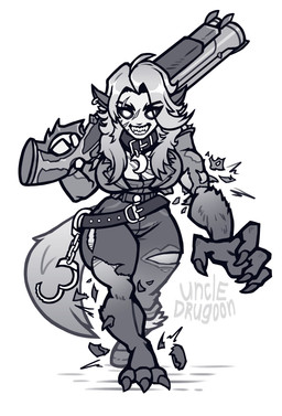 animal_ears belt big_breasts bottomwear breast_scar breasts claws cleavage clothed clothing collar cuff_(restraint) eyelashes facial_scar female female_humanoid front_view gun hair handcuffs holding_object holding_ranged_weapon holding_weapon jacket long_hair metal_cuffs mid_transformation nails pants ranged_weapon restraints ripped_sleeves scar sharp_nails sharp_teeth shotgun small_waist smile solo tail teeth toe_claws topwear torn_bottomwear torn_clothing torn_pants weapon uncle_drugoon deadlock_(game) mythology valve lilah_silver animal_humanoid canid canid_humanoid canine canine_humanoid humanoid mammal mammal_humanoid mythological_canine mythological_creature werecanid werecanine werecreature werewolf wolf_humanoid 2026 digital_drawing_(artwork) digital_media_(artwork) greyscale hi_res monochrome