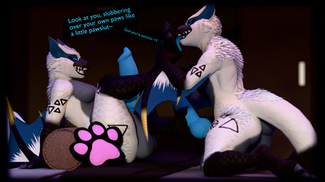 animal_genitalia animal_penis anthro balls bed bedroom big_balls big_penis black_sclera blue_eyes blue_penis breasts canine_genitalia canine_penis claws curling_toes dialogue duo erection feet foot_fetish foot_lick foot_on_penis foot_play footjob fur furniture genitals gynomorph gynomorph/male hair intersex intersex/male knot licking licking_paws looking_at_another male nude open_mouth paws penile penis pillow selfcest sex smile square_crossover tail teeth text toes toes_on_penis tongue tongue_out white_body white_fur wings vaqueroserg capcom monster_hunter mythology sidro_(renrir) dragon flying_wyvern mythological_creature mythological_scalie nargacuga scalie 16:9 3d_(artwork) blender_(artwork) digital_media_(artwork) english_text hi_res widescreen