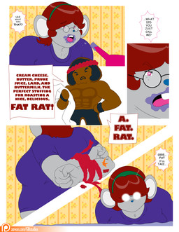 accessory anthro arms_tied bdsm bondage bound cookie cosplay dialogue eyelashes eyewear female food freckled_face freckles gingerbread gingerbread_cookie glasses greybluestudios group hair hands_behind_back headband insult long_eyelashes male obese obese_anthro obese_female overweight overweight_anthro overweight_female pink_eyes red_hair speech_bubble text wearing_glasses dablueguy graybluestudios lazei rambo john_rambo penny_provolone animate_inanimate mammal mouse murid murine rodent 2019 absurd_res comic english_text hi_res