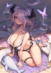 big_breasts blue_eyes bra breasts cleavage clothed clothing ear_piercing ear_ring female hair hair_over_eye horn one_eye_obstructed panties piercing ring_piercing solo underwear oopartz cygames granblue_fantasy narmaya draph horned_humanoid humanoid mammal hi_res