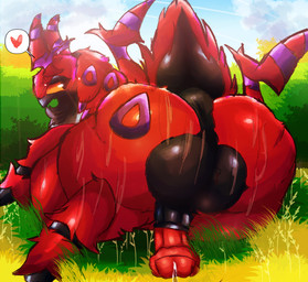 animal_genitalia animal_penis anus backsack balls big_anus big_balls black_balls black_eyes bodily_fluids butt cloud dripping equine_genitalia equine_penis feral fluffy fluffy_butt fluffy_tail genital_fluids genitals glistening glistening_balls glistening_butt glistening_genitalia grass head_tuft huge_balls lying male markings meadow neck_tuft overweight overweight_feral overweight_male penis plant precum precum_drip puffy_anus purple_markings raised_tail shrub sky solo sweat sweatdrop sweaty_butt sweaty_legs sweaty_thighs tail thick_thighs tuft yellow_sclera felipotyphlosion nintendo pokemon fan_character arthropod centipede generation_5_pokemon myriapod pokemon_(species) scolipede hi_res