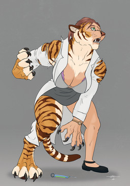 anthro asymmetrical_transformation black_claws bottomwear bra breasts brown_hair brown_stripes claw_growth claws cleavage clock clothed clothed_female clothing coat countershade_torso countershading female footwear fur fur_growth green_eyes grey_background growth hair human_to_anthro lab_coat looking_aside looking_up mid_transformation multicolored_body multicolored_fur muscle_growth one_shoe_on open_mouth orange_body orange_fur shoes simple_background skirt snout snout_growth solo species_transformation standing stripes syringe tail teeth topwear torn_clothing transformation underwear watch white_body white_fur wristwatch zibyr felid human mammal pantherine tiger 2019 full-length_portrait hi_res portrait