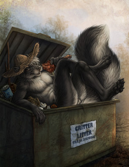 4_toes 5_fingers anthro balls black_body black_fur claws clothing crossed_legs detailed_fur dumpster dumpster_diving eyewear facial_hair feet finger_claws fingers fluffy fluffy_tail food fur furgonomic_hat furgonomic_headwear furgonomics genitals glasses green_eyes hat hat_only headgear headgear_only headwear headwear_only holding_food holding_object looking_at_viewer male meat_on_bone mostly_nude mustache pawpads paws reclining solo straw_hat tail toe_claws toes trash wearing_glasses white_body white_fur rukis mammal mephitid skunk 2025 book_cover cover detailed digital_media_(artwork) hi_res