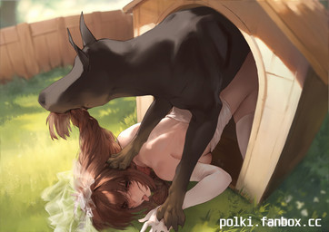 all_fours ambiguous_penetration ass_up backyard bestiality bestiality_marriage black_body black_nose bridal_lingerie brown_body claws clothing collar doghouse duo female female_human female_on_feral female_penetrated fence feral feral_on_top feral_penetrating feral_penetrating_female feral_penetrating_human from_behind_position gloves grass hair handwear high-angle_view human_on_feral human_on_top human_penetrated interspecies legwear lingerie looking_pleasured male male/female male_feral male_penetrating male_penetrating_female male_penetrating_human outside paws penetration pinned pinned_to_ground plant pulling_hair realistic_feral sex stockings tongue tongue_out touching_hair wedding_veil white_clothing wood polki canid canine canis dobermann domestic_dog human mammal pinscher hi_res