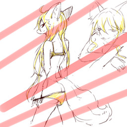 anthro blonde_hair bra butt clothed clothing crossed_arms female hair long_hair nude panties panties_down partially_clothed pulling_down_panties rear_view red_eyes shy simple_background skinny solo tail underwear underwear_down white_background white_body white_tail yellow_bra yellow_clothing yellow_panties yellow_underwear unknown_artist ids_(user) ace_heart_(ids) canid canine canis mammal wolf 1:1