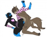 4_toes 5_fingers anal anal_penetration anthro anthro_on_anthro anthro_penetrated anthro_penetrating anthro_penetrating_anthro anvil_position arm_warmers armwear balls black_body black_fur black_penis blue_eyes blue_markings bottomwear brown_body brown_fur butt clothed clothing crossdressing duo erection feet femboy fingers from_front_position fur genitals handjob kneeling leg_warmers legs_up legwear male male/male male_penetrated male_penetrating male_penetrating_male markings nude open_mouth pattern_armwear pattern_clothing pattern_legwear pawpads penetration penile penile_spines penis pink_clothing sex simple_background skirt stockings striped_armwear striped_clothing striped_legwear stripes tail thigh_highs toes upskirt_sex white_background batcountry cyiakanami kidsune lestat canid canine canis dingo domestic_dog fox mammal 2011 5:4 hi_res